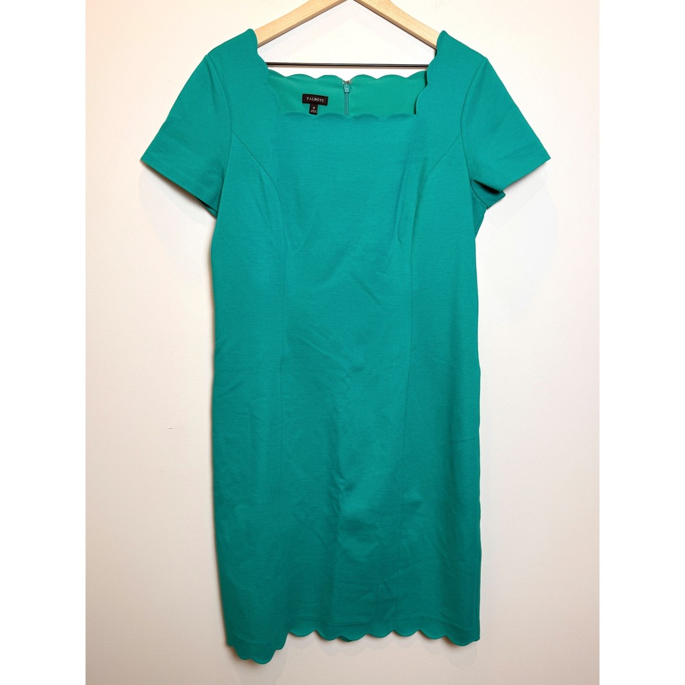 Talbots 12 Turquoise Green Midi Sheath Dress Scallop Edge Short Sleeve Classic